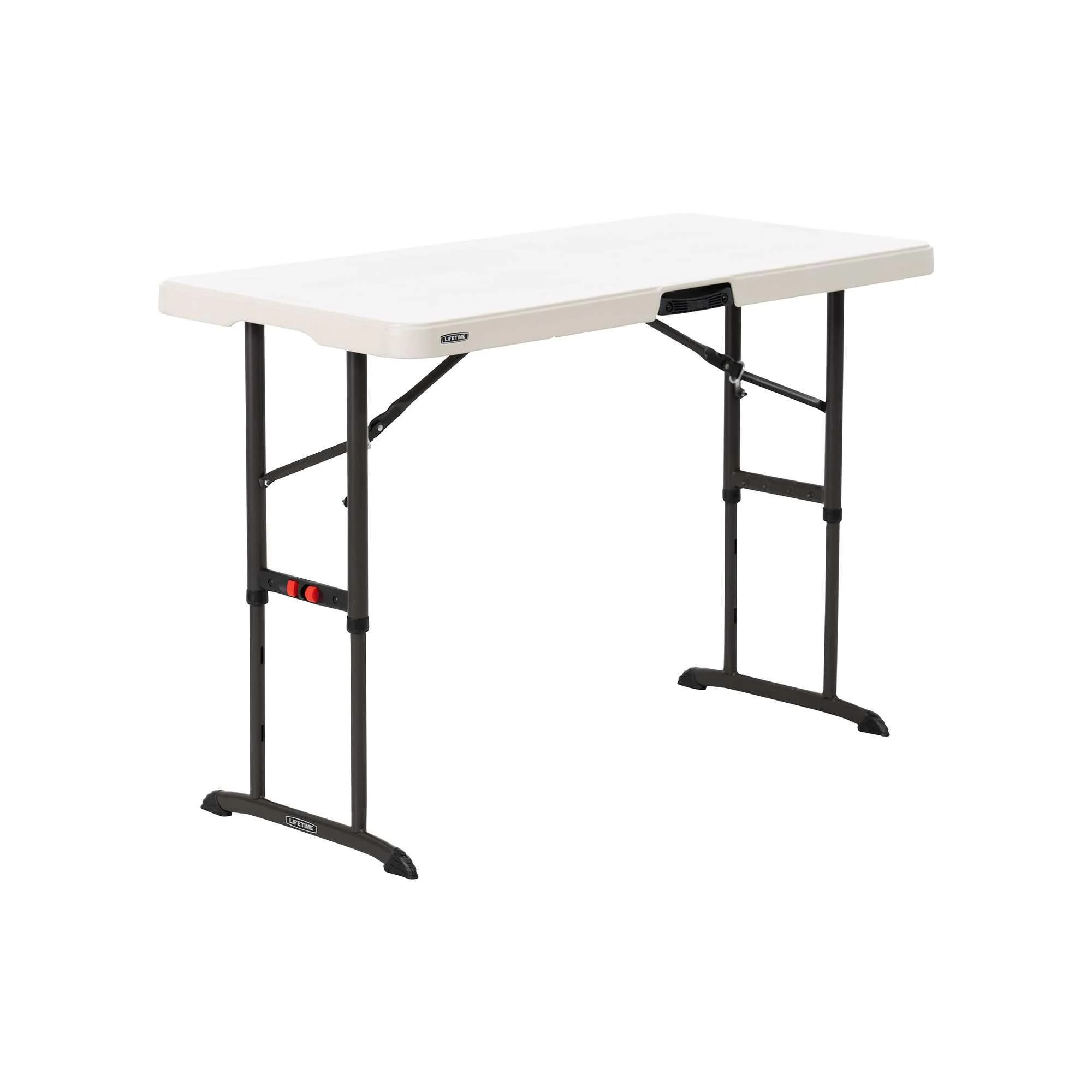 Lifetime klapbord 122 x 61 cm i offwhite med højdejustering i 4 trin og stabelspor. Robust polyethylen bordplade med pulverlakeret stel, plads til 4 personer, nemt at rengøre, folde sammen og opbevare