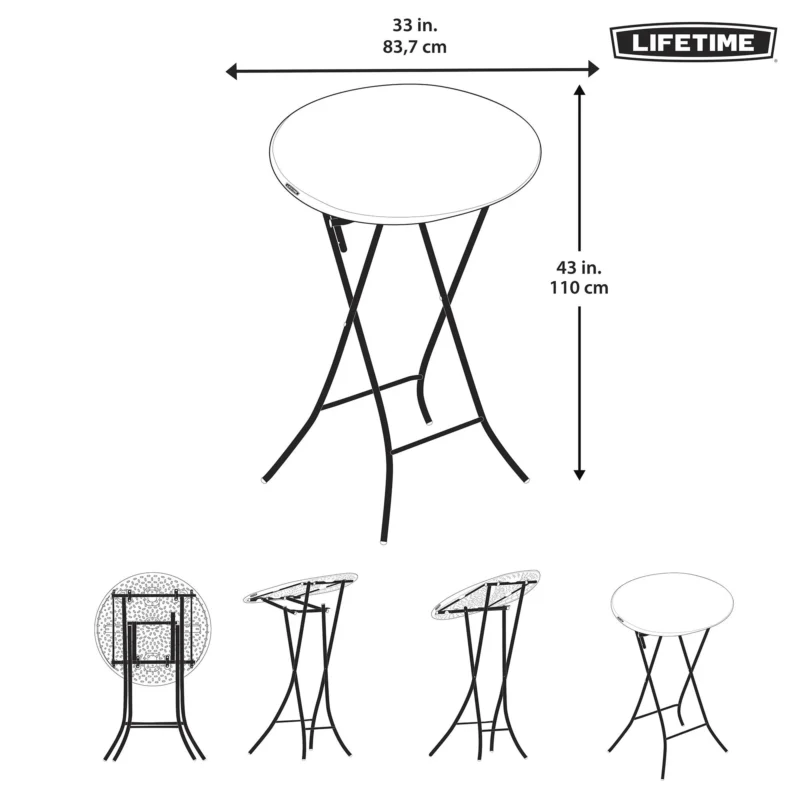 Sammenklappet Lifetime cocktailbord – viser bordets mål