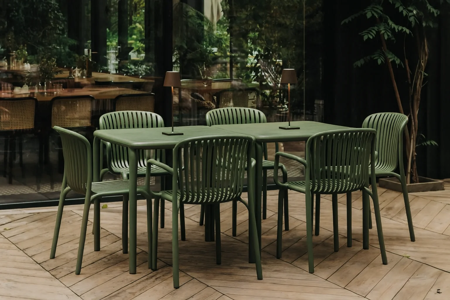 Brene borde og stole i olivengrøn