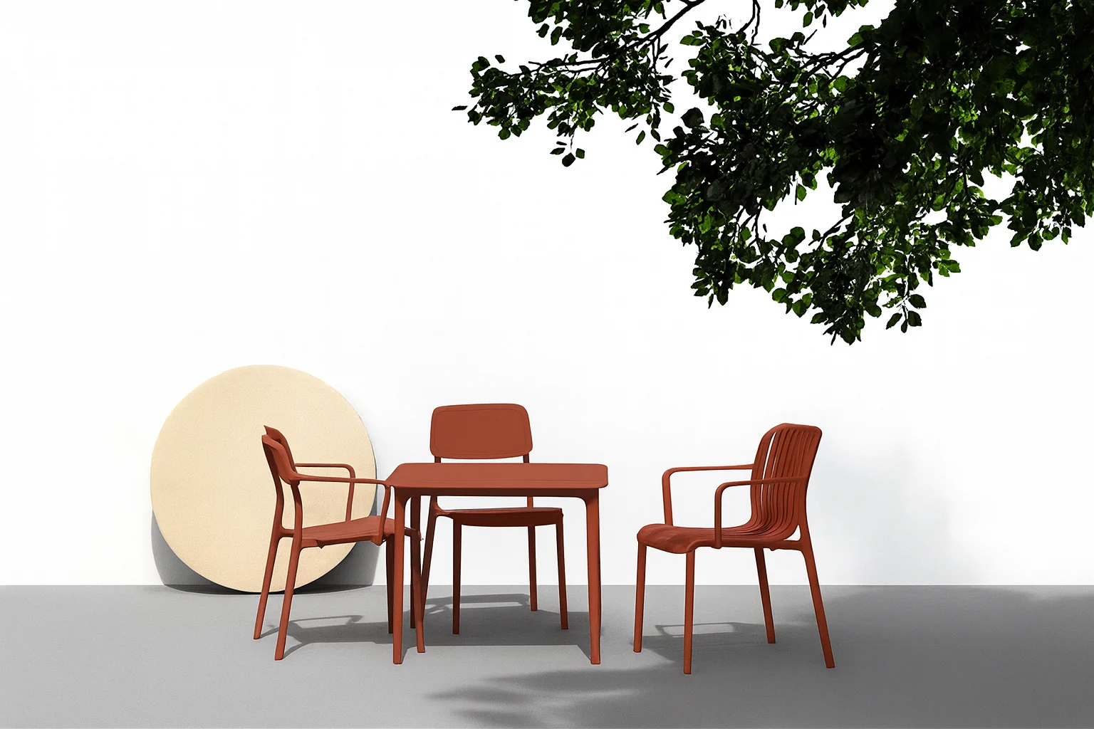 Sæt: Rimo spiseborde og armstole i rød