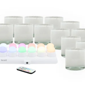 Securit® Sæt 12 stk. AYLA glasstager, 12 stk. LED fyfadslys og ladestation, hvide/farvet & hvidt lys