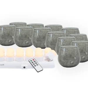 Securit® Sæt 12 stk. LUNA glasstager, 12 stk. LED fyfadslys og ladestation, grå/hvidt lys