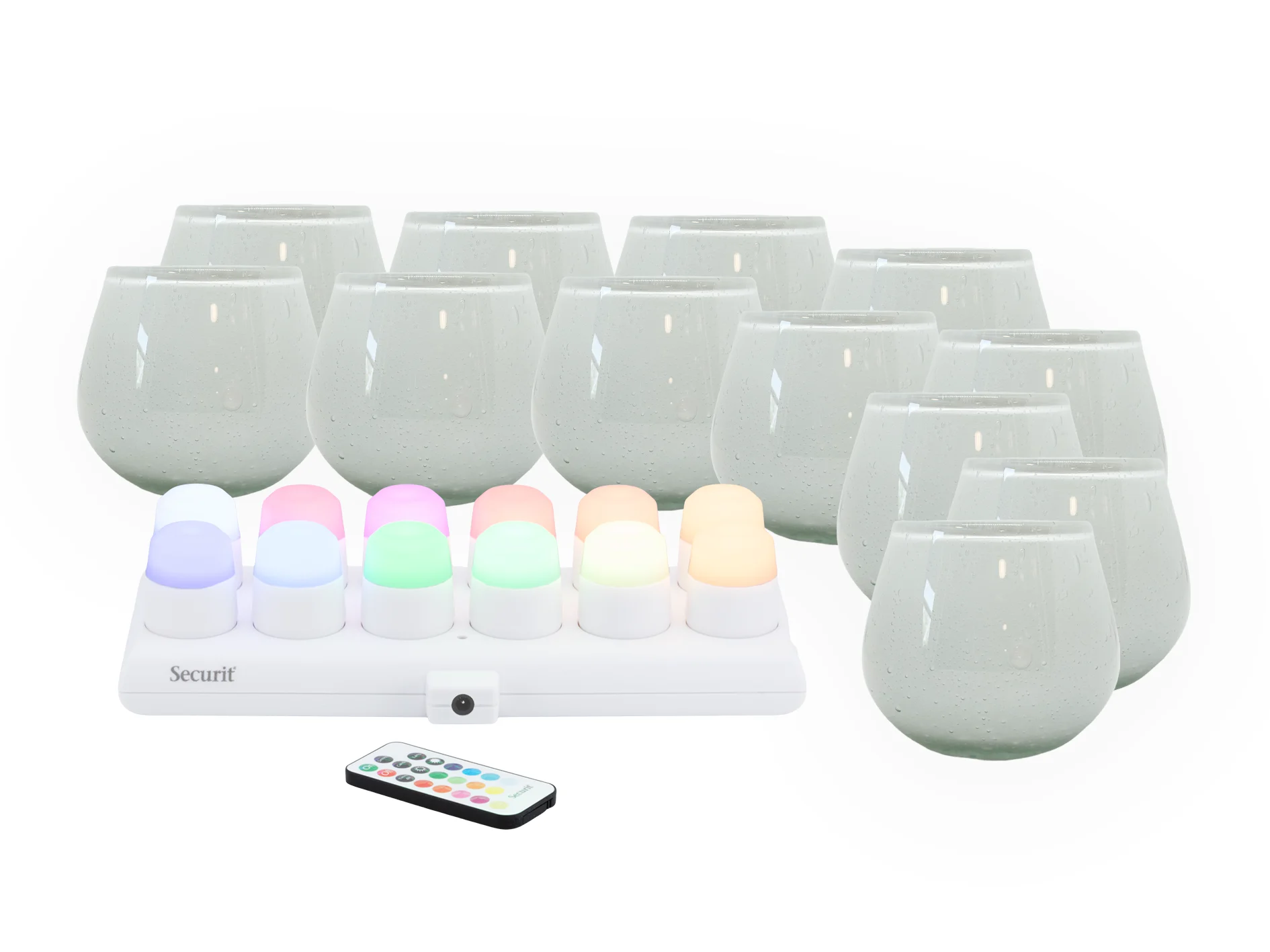 Securit® Sæt 12 stk. LUNA glasstager, 12 stk. LED fyfadslys og ladestation, hvide/favet & hvidt lys