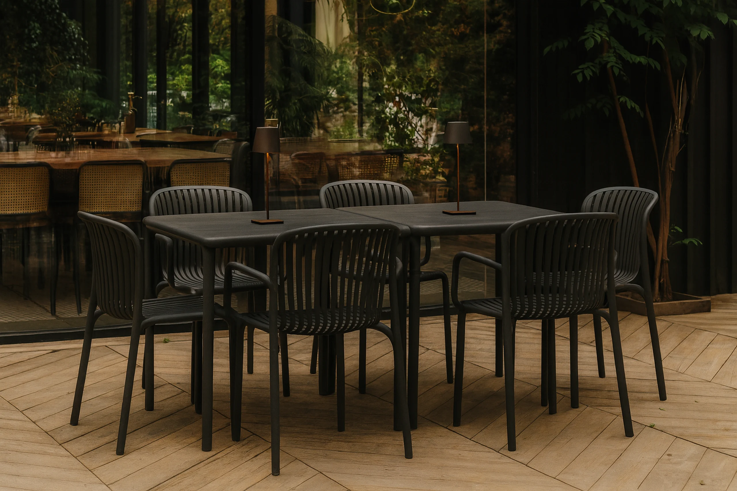 Brene spiseborde og stole i carbon